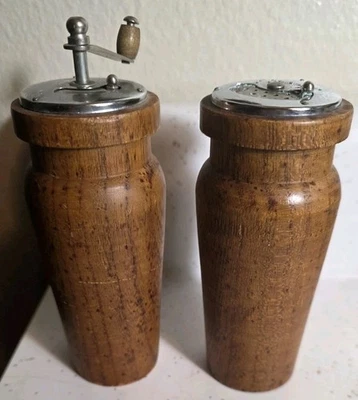 VINTAGE APCO WOODEN SALT SHAKER PEPPER GRINDER MILL SET METAL TOP MCM  - Image 1 of 4