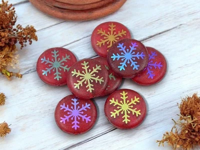 17mm Matte Red AB Laser Tattoo Snowflake Coin Beads - Czech Glass - 8 Beads - Image 1 of 4
