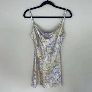 Lulus Sultry Summers Yellow Tropical Print Satin Cowl Neck Slip Dress Size Small - Picture 1 of 6