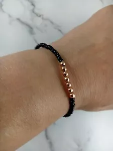 Rose Gold stretch bracelet Black 3 mm dainty seed beaded Womens 7" Stacking - Picture 1 of 3
