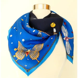 Jeweled Insects Butterfly Bee Print Silk Scarf Hand Rolled Hem Royal Navy Blue - Picture 1 of 5