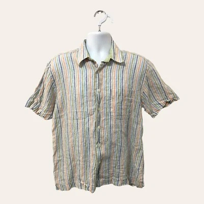 Camisa masculina Alex Cannon manga curta listrada arco-íris botão tamanho M 100% linho - Imagem 1 de 4