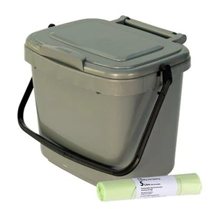 Silver Plastic Compost Bin/Caddy-5 Litre & 50 x 5L Tie Handle Compostable Bags - Picture 1 of 6