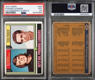 Topps Football 1974 #329 Ken Stabler/Roger Staubach Pass Leaders PSA 3,5 Foto 1 de 3