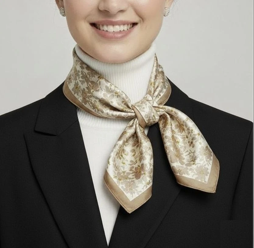 ❤️优雅头巾方形围巾丝质柔软花卉米色金色包裹头巾头发新品 — 第 1/4 张图片