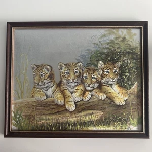 Vintage framed Tiger Cubs Foil art 70s/80s signed 27x22 cms - Picture 1 of 7