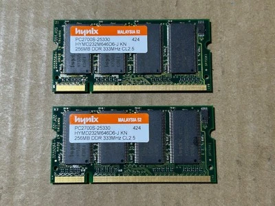 Used - Tested - 2x 256MB HYNIX PC-2700S SODIMM - 333MHz DDR - HYMD232M646D6-J - Image 1 of 2