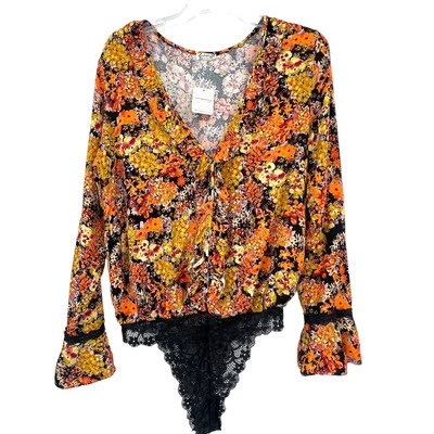 New Free People Women's Orange Gold Floral Viscose Lace Bodysuite Medium - Image 1 of 4