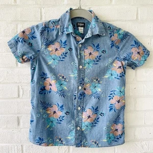 OshKosh B'Gosh Floral Hawaiian Chambray Denim Button Up Shirt Boys Size 12 - Picture 1 of 4