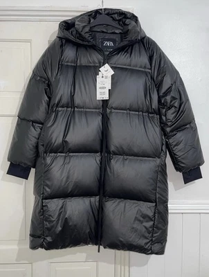 ZARA BLACK ZW COLLECTION WATER-REPELLENT LONG DOWN FEATHER PUFFER COAT SIZE L - Image 1 of 4