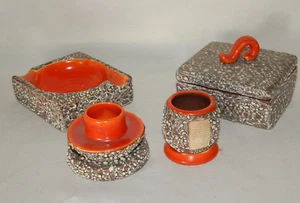 Keramik Art Deco Raucher Set Ascher Dose Streichholzhalter ... orange braun weiß - Picture 1 of 5