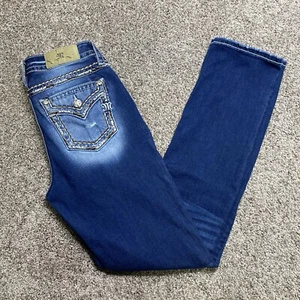 Miss Me Jeans 29 Mid Rise Straight Embellished Pockets Rhinestones Stretch - Picture 1 of 16