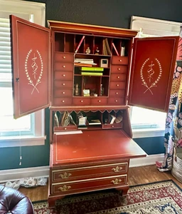 Jasper Cabinet Co. Red Lacquer Cherry Wood Secretary Desk, Circa 1970s - Picture 1 of 13