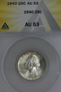 1940 .25 ANACS AU 53 Washington Quarter, Silver 25 Cents (0.25) - Picture 1 of 2
