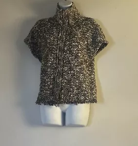 ST. JOHN WOMENS SWEATER CARDIGAN BROWN WHITE MARLED KNIT FRINGE CAP SLEEVE SMALL - Picture 1 of 5