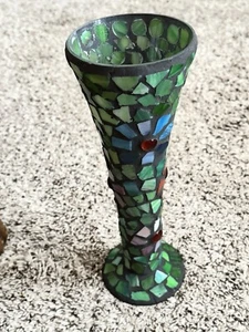 Trumpet Vase With Multicolor Flowers In Mosaic Glass & Cabochuns #1 - Picture 1 of 9