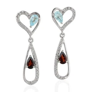 1.39ct Red Garnet  0.84ct Blue Topaz Heart Shape Drop Dangle Earrings 925 Silver - Picture 1 of 5
