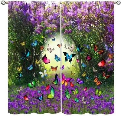 Fantasía Naturaleza Cortinas,Magia Primavera Bosque Púrpura Flor Mariposa Impreso P... Foto 1 de 4
