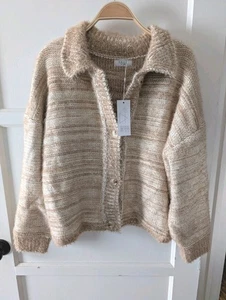 NWT Sage The Label Anthropologie Beige Collared Cardigan Fuzzy Medium Soft! - Picture 1 of 6