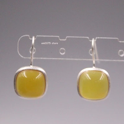 Pendientes de calcedonia amarilla cuadrados de plata de ley 925 real gancho colgante 0,9 pulgadas L Foto 1 de 4