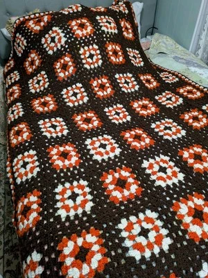 复古 73 X 104 棕色橙色手工钩针奶奶方形阿富汗 — 第 1/3 张图片