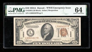 DBR 1934-A $10 FRN Hawaii LB Block Fr. 2303 PMG 64 Serial L50804507B - Picture 1 of 2
