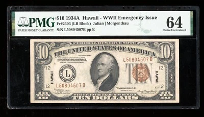 DBR 1934-A $10 FRN Hawaii LB Block Fr. 2303 PMG 64 Serial L50804507B - Image 1 of 2