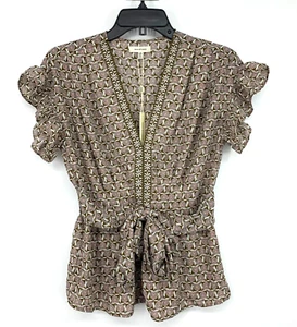 Max Studio Top Womens Size XS Printed V Neck Tie Waist Blouse Ruffle Cap Sleeve - Picture 1 of 8