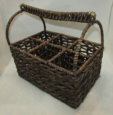 Primitive Woven Twine on Heavy Wire Frame Large 6 Bottle Wine Caddy Carrier Rack - Image 1 of 4