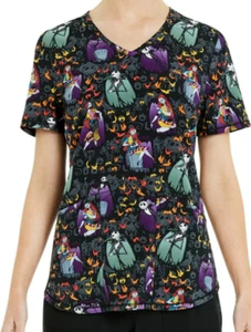 Nightmare Before Xmas Alive With Love Halloween Women’s V-Neck Print Scrub Top - Picture 1 of 5