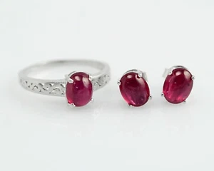 Natural Ruby Cabochon Gemstone 925 Sterling Silver Ring Earring Jewelry Set - Picture 1 of 8