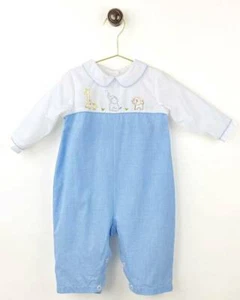 Petit Ami Blue White Check Longall with Jungle Animal Embroidery  3 6 9 Months - Picture 1 of 1