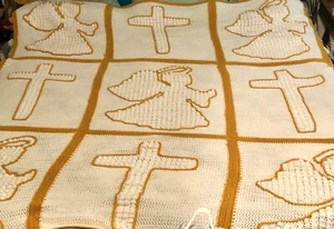 Vintage Handmade Crochet Blanket Cross & Angel Religious Queen Afghan - Picture 1 of 7