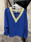 Esley Top Womens Small Royal Blue Blouse with Yellow Detail Sheer Long Sleeve