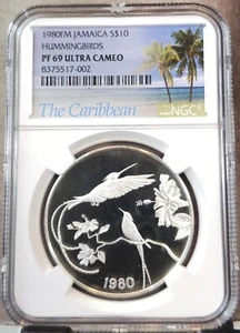 1980 JAMAICA SILVER 10 DOLLARS JAMAICAN HUMMINGBIRDS NGC PF 69 ULTRA CAMEO RARE - Picture 1 of 3