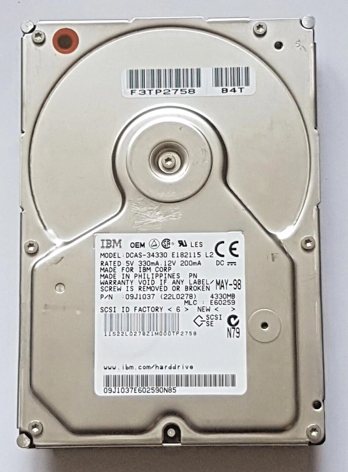 4.3 GB IBM DCAS-34330 E182115 Pn 09J1037 5400rpm SCSI 68pin 3,5 " Hard Drive - Image 1 of 1