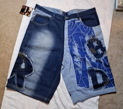 Vintage Raw Blue Nu Realms Jean Shorts Paint Patched Baggy Hip Hop Skate Y2K 40 - Image 1 of 4