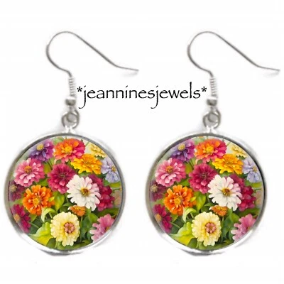 PENDIENTES Flores Zinnia Vintage Floral Arte Botánico Impresión Plata Dije Cuelga Foto 1 de 4