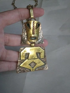 Collier pendentif vintage Casa Maya aztèque maya cuivre laiton Mexique tribal années 60 - Photo 1/17