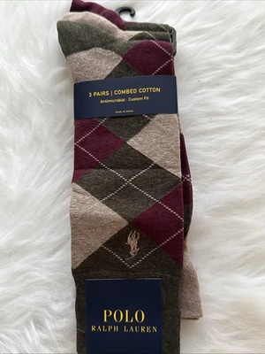 Polo Ralph Lauren NUEVO Oliva Multicolor Algodón 3 Pares Hombre’s Argyle Calcetines Foto 1 de 4