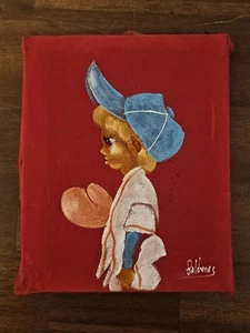 Quadro vintage velluto rosso bambino ragazzo che gioca baseball dipinto a mano Messico 8x10 - Foto 1 di 10