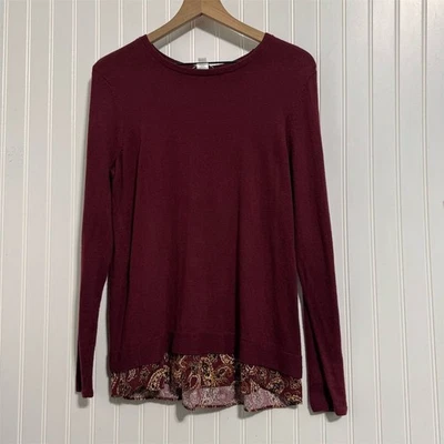 JJill 2-in-1 Sweater S Burgundy Paisley Layered Look Tunic Top Cotton Blend - Image 1 of 4