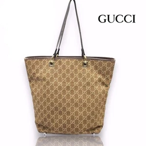 Gucci - Vintage 1990s Signature GG Brown & Beige Canvas Leather Trim Tote Bag - Picture 1 of 14