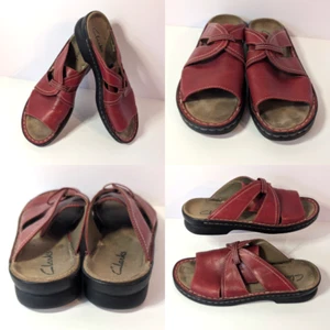 Clarks Cloud Steppers Slide Sandals, Women's Sz 8 Red Leather Comfort Beach Shoe - Picture 1 of 14