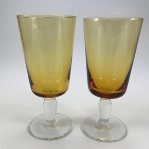 Vintage BLOWN GLASS AMBER GOLD 2 WINE GLASSES 5-5/8" CLEAR STEM, STRAIGHT SIDES - Picture 1 of 4