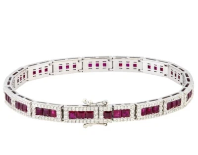 7.60ct Natural Round Diamond 14k White Gold Ruby Wedding Anniversary Bracelet - Image 1 of 3