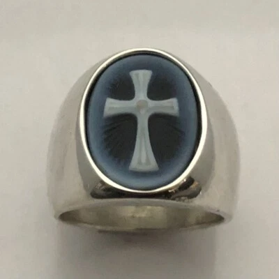ANILLO HOMBRE PLATA ESTERLINA MJG. CRUZ DE ÁGATA GRABADA 18x13mm. Bisel. 10 3/4 Foto 1 de 4