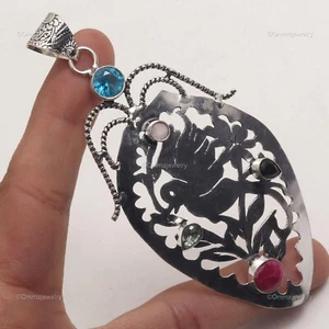 Blue Ruby Quartz Pendant Handcrafted Silver Plated Unique Gift Jewelry 4" - Picture 1 of 6
