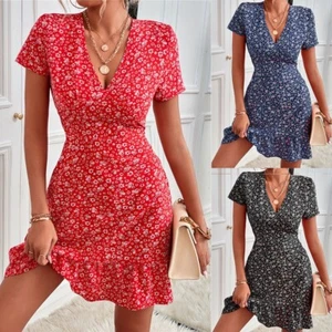Boho Women Summer V-Neck Loose Holiday Beach Short Sleeve Floral Dress Holiday - Picture 1 of 17