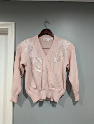 Vintage Jaclyn Smith Faux Wrap Sweater Pink Shoulder Pads White Lace Pearls Sz L - Image 1 of 4